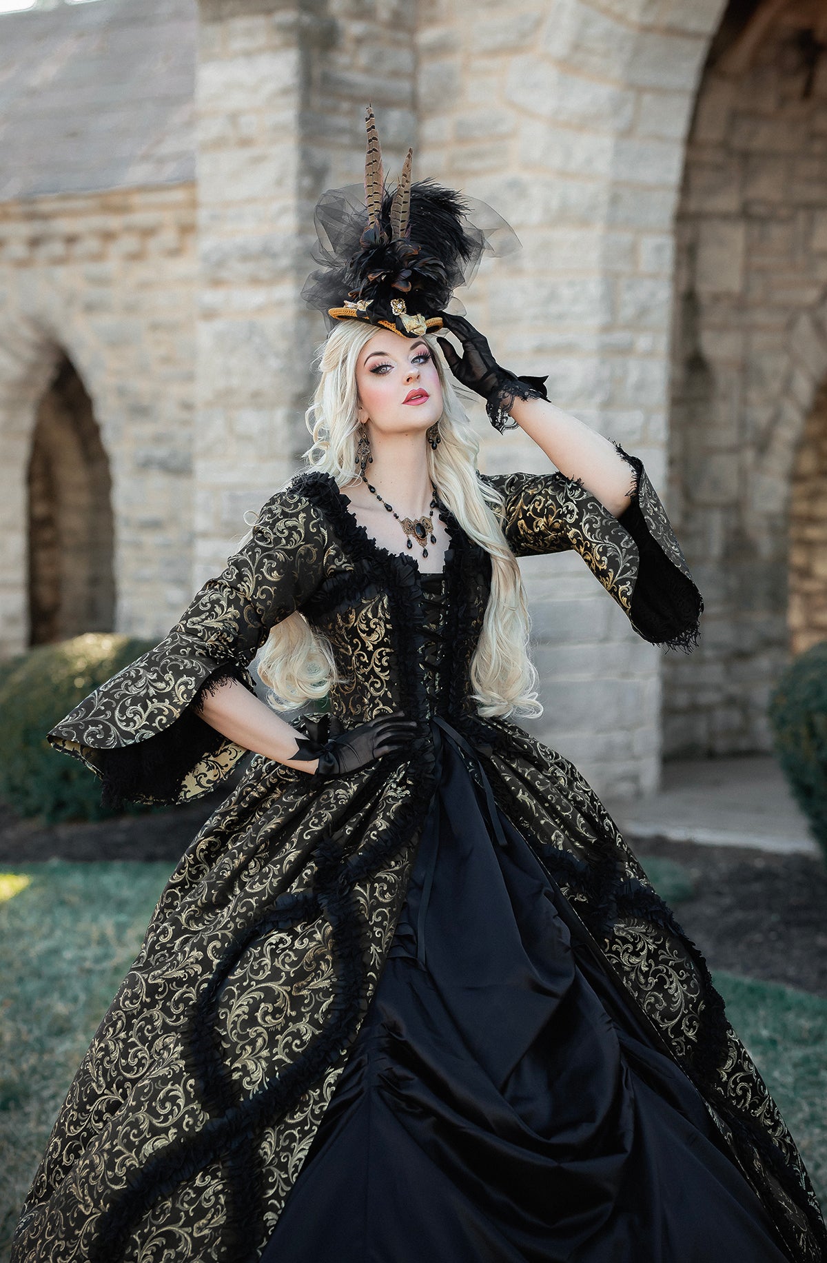 Immortelle Dress of 18th century French Court Ballgown Black Gold Brocade