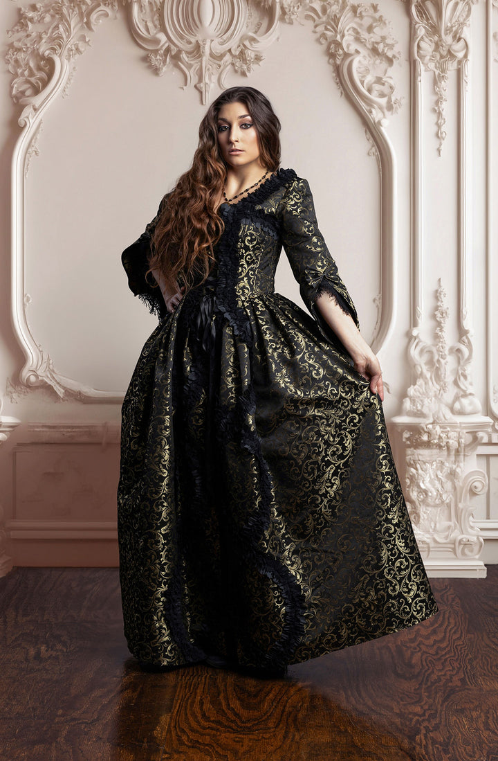 Immortelle Dress of 18th century French Court Ballgown - Black/Gold Brocade 8